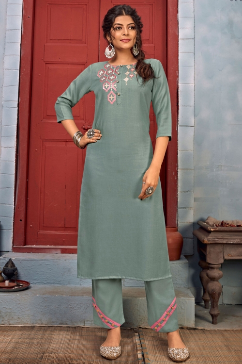 Grey Rayon Straight Cut Embroidered Kurti with Pant