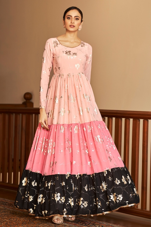 Peach and Pink Georgette Foil Printed Long Kurti