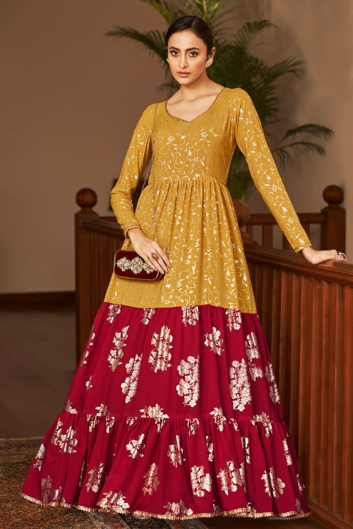 Mustard and Red Georgette Foil Printed Long Kurti