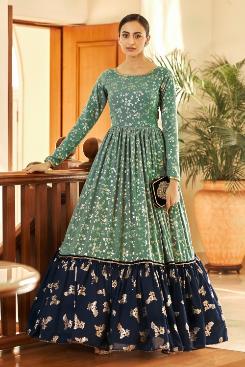 Sage Green and Blue Georgette Foil Printed Long Kurti