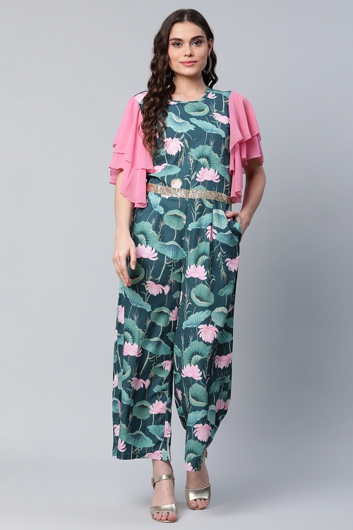 Green Crepe Printed Jumpsuit with Bell Sleeves