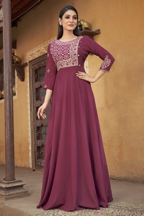 Rouge Pink Anarkali kurti in Muslin with Embroidery and Sequins Work