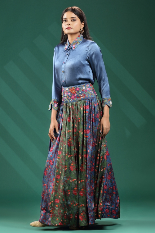 Plain Shirt Style Top and Printed Skirt in Satin