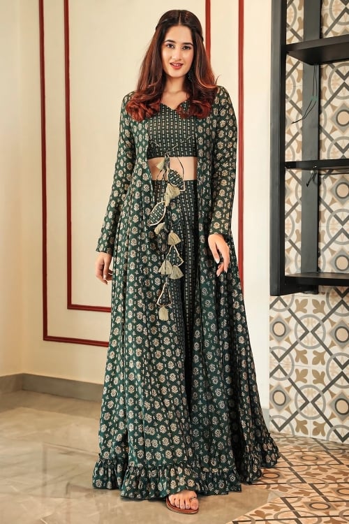 Foil Printed Green Muslin Crop Top Palazzo Set with Shrug
