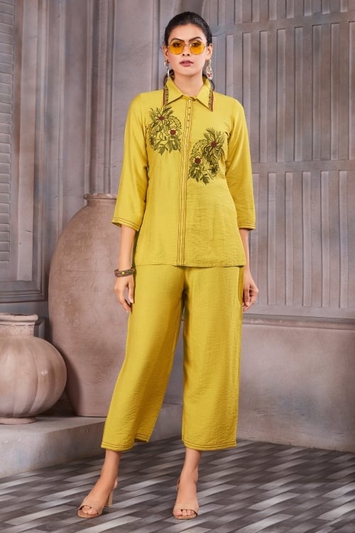 Yellow Shirt Style Co-ord Palazzo Set in Cotton