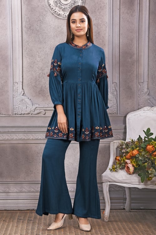Prussian Blue High Neck Kurti with Pant Set in Cotton