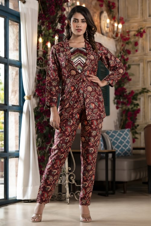 Maroon Floral Printed Co-Ord Pant Set in Satin with Jacket