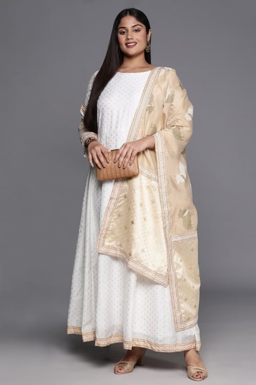 Off White Polyester Long Kurti with Dupatta