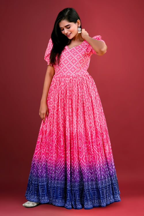 Pink and Blue Ombre Muslin Chinon Anarkali Flared Kurti