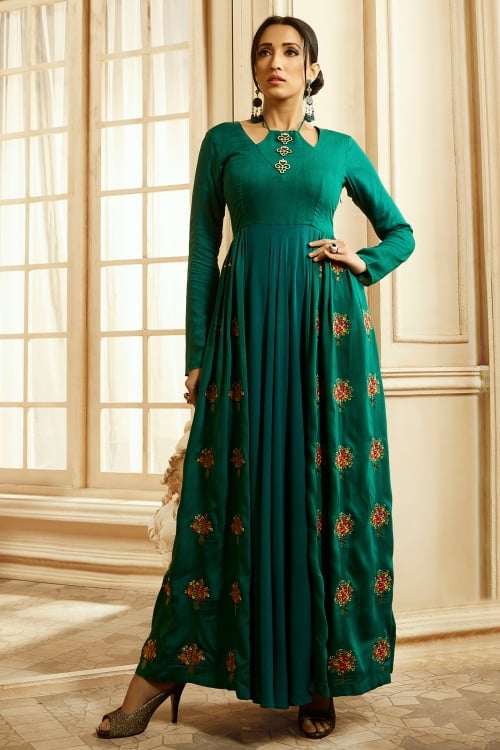 Forest Green Anarkali Kurti in Rayon Cotton with Floral Embroidery Butta
