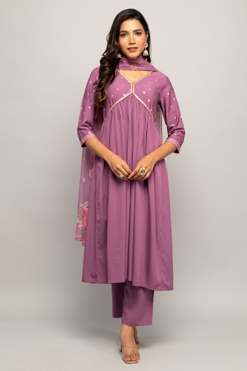 Lilac Purple Kurti with Pant Set in Crepe