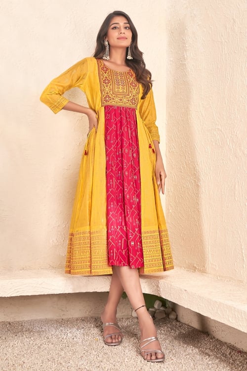 Yellow and Pink Foil Printed Jacket Style Kurti in Cotton
