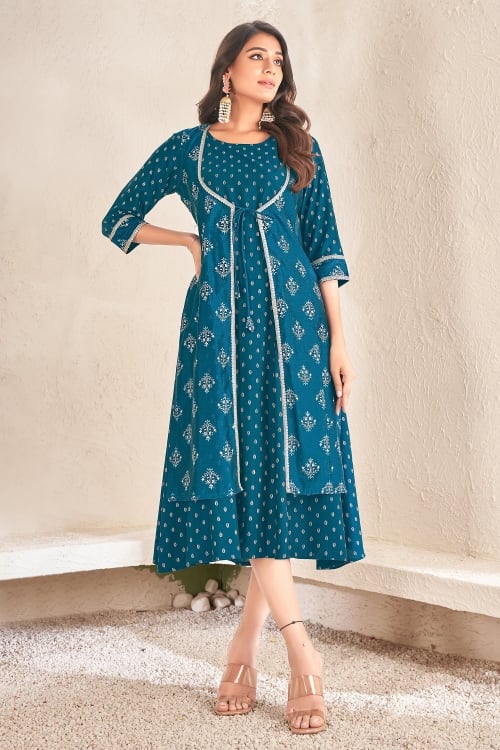 Rama Blue Jacket Style Kurti in Cotton with Foil Print Work