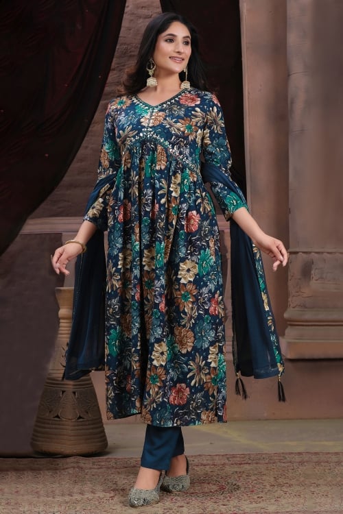 Prussian Blue Straight Cut Kurti with Floral Motifs and Mirror Embroidery Work
