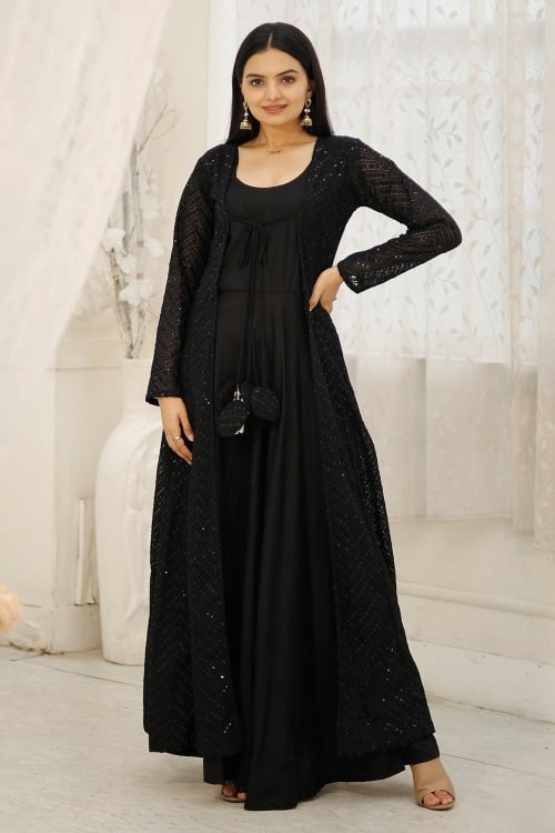Black Rayon Long Kurti with Applique Worked Long Shrug