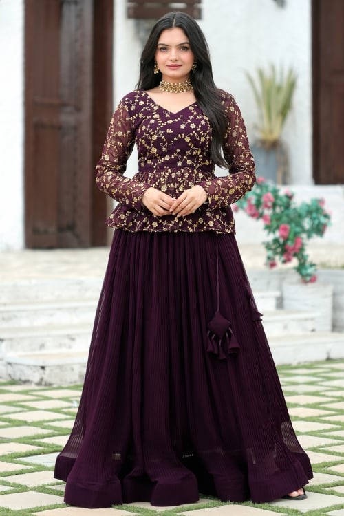 Wine Purple Georgette Sequin Embroidered Peplum Top and Skirt