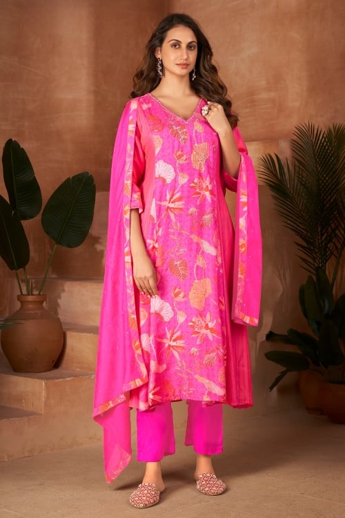 Pink Muslin Floral Printed Kurti Set with Sequin Beaded and Cutdana Work