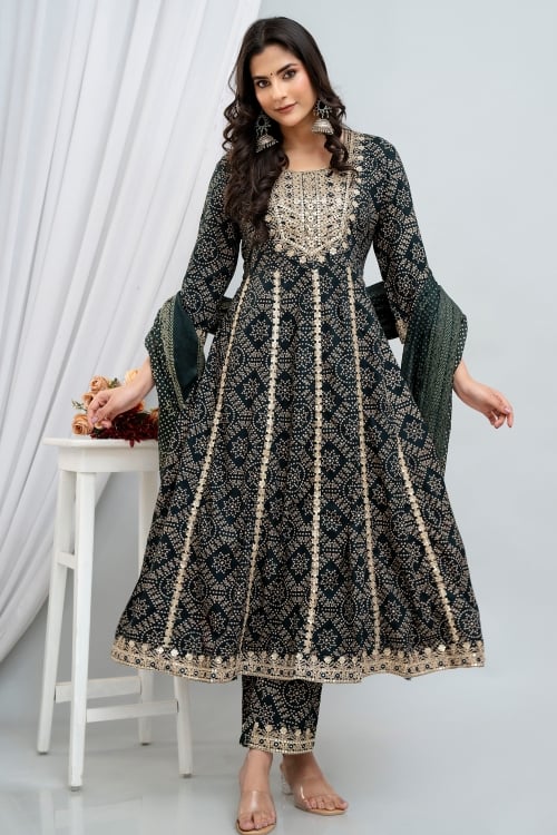 Cotton Printed Anarkali Kurti Set with Sequin Embroidery