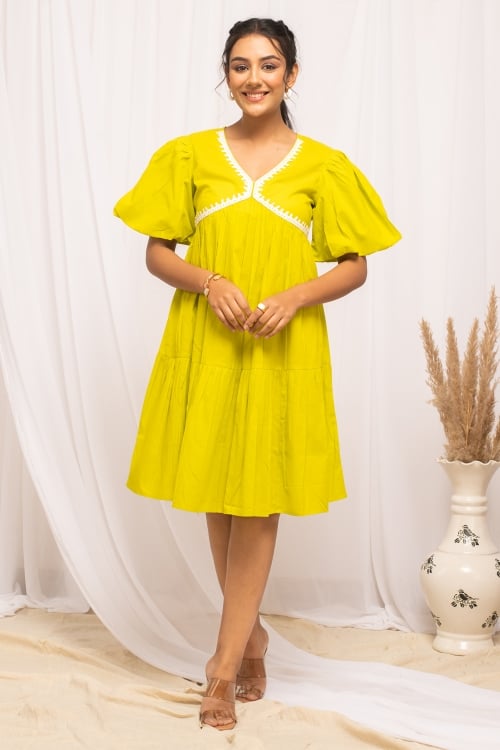 Yellow Cotton Thread Embroidered Dress