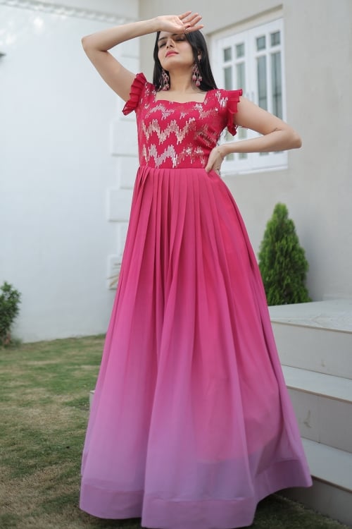 Pink Ombre Georgette Pleated Sequinned Kurti