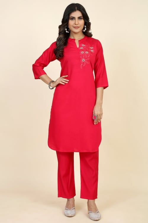 Red Art Silk Cotton Straight Cut Kurti with Embroidery