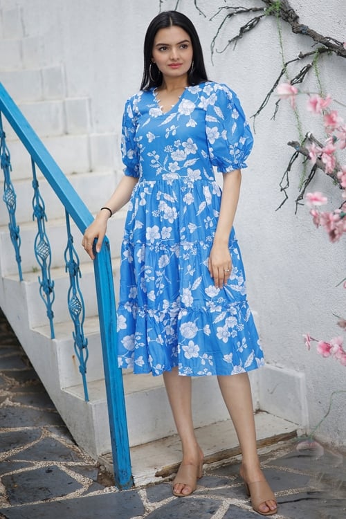 Sky Blue Muslin Floral Printed Dress