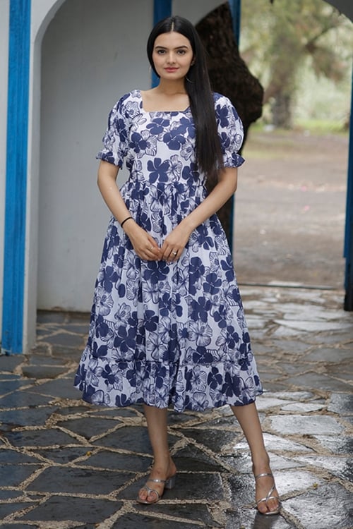 White and Blue Georgette Floral Printed Dress