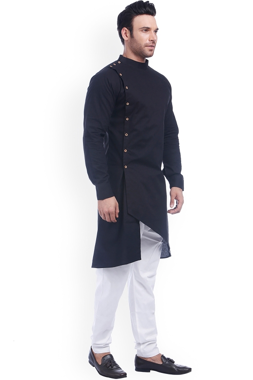 Black Cotton Angrakha Style Asymmetrical Kurta Pajama