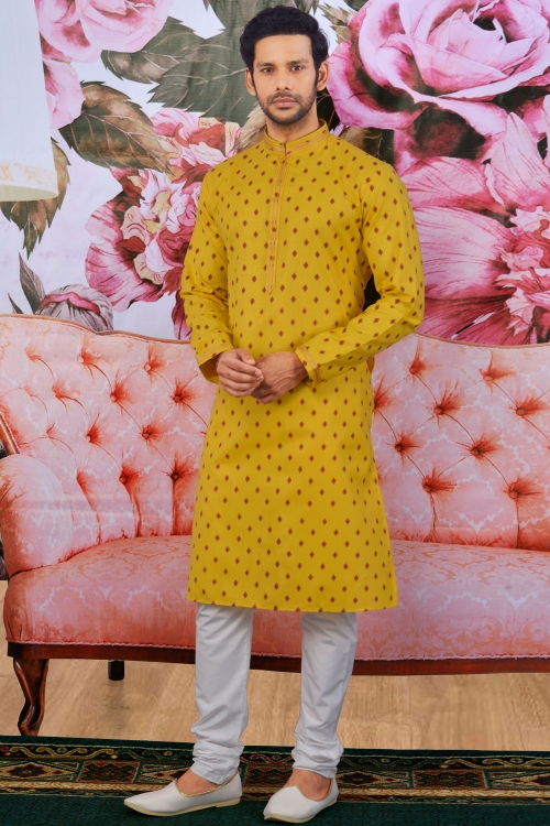 Mustard Yellow Cotton Printed Kurta Pajama