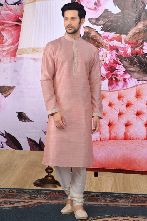 Dusty Pink Jacquard Banarasi Silk Kurta Pajama with Embroidery