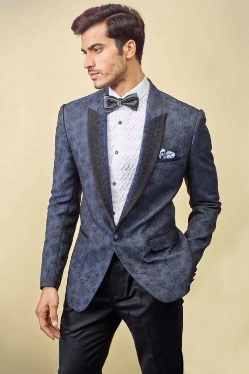 Navy Blue Imported Emboss Print Suit