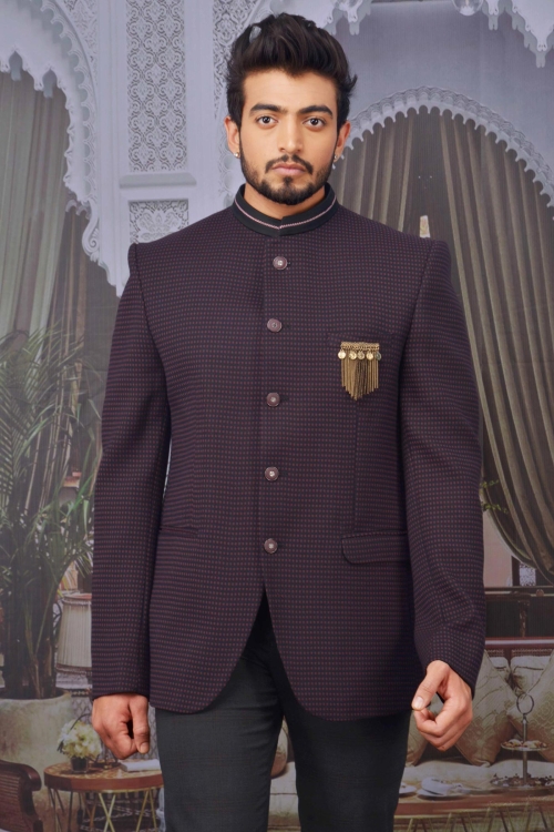 Purple and Black Jacquard Imported Jodhpuri Jacket