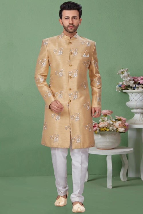 Golden Dupion Silk Floral Embroidered Indo Western Sherwani