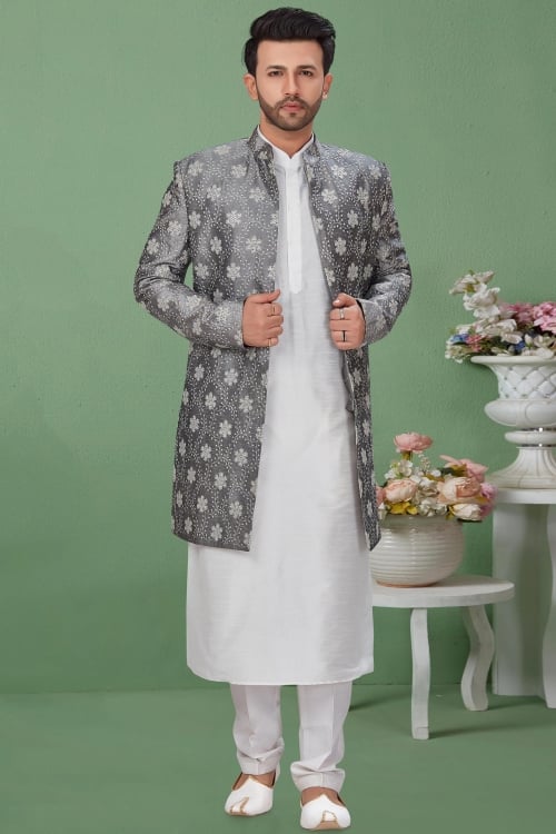 Off White Dupion Silk Plain Kurta Pajama with Embroidered Jacket
