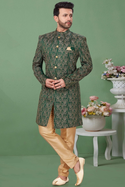 Green Dupion Silk Embroidered Indo Western Sherwani