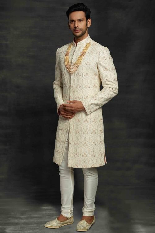 Cream Imported All Over Embroidered Sherwani