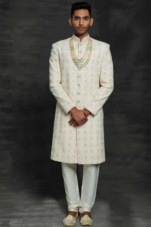 Off White Imported All Over Embroidered Sherwani
