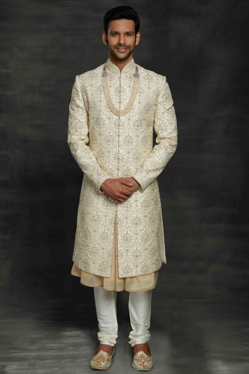Cream and Beige Imported Royal Sherwani with All Over Embroidery