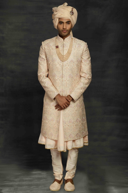 Cream and Peach Imported Sherwani with All Over Embroidery