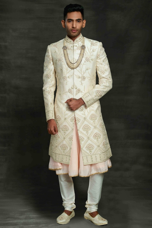 Pearl White and Pink Silk Sherwani with Floral Embroidery