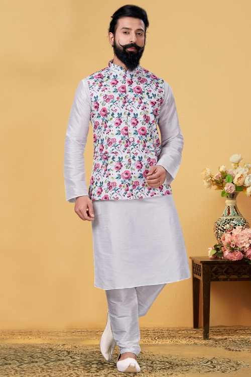 Off White Dupion Silk Plain Kurta Pajama with Pink Floral Motifs Jacket