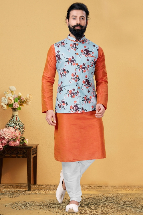 Orange Dupion Silk Plain Kurta Pajama with Blue Floral Printed Jacket