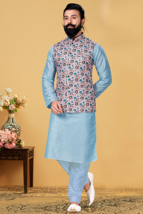 Light Blue Dupion Silk Plain Kurta Pajama with All Over Floral Printed Jacket