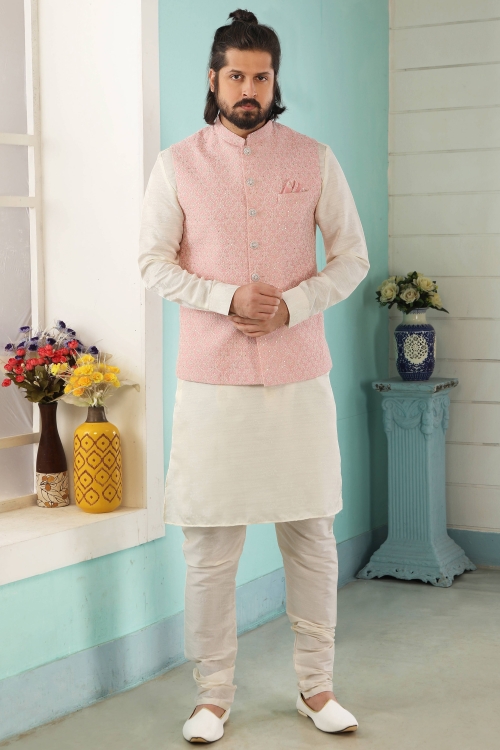 Off White Banarasi Art Silk Kurta Pajama with Pink Jacket