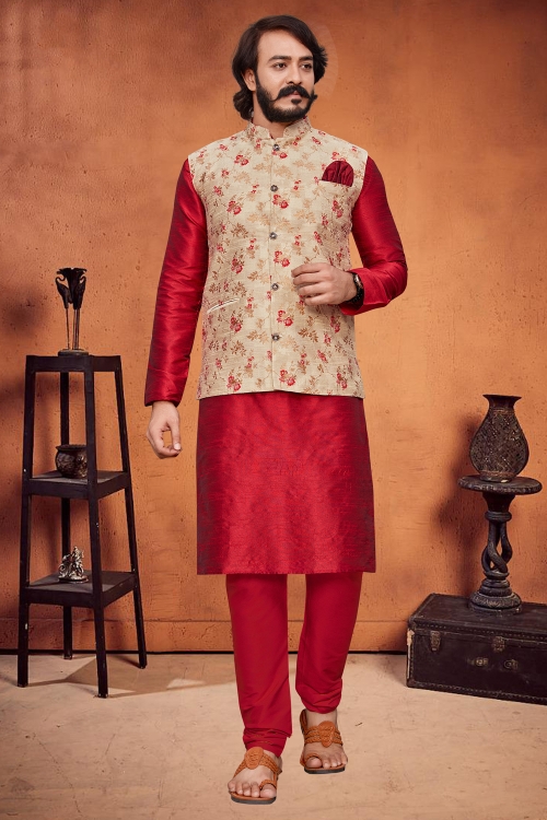 Red Art Silk Kurta Pajama with Beige Jacket