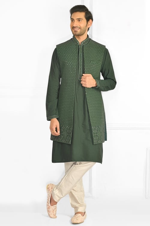 Dark Green Silk Kurta Pajama with Jacket