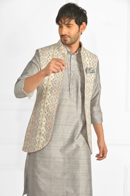 Grey Silk Kurta Pajama with Embroidered Jacket