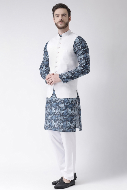 Blue Cotton Printed Kurta Pajama with Jacket