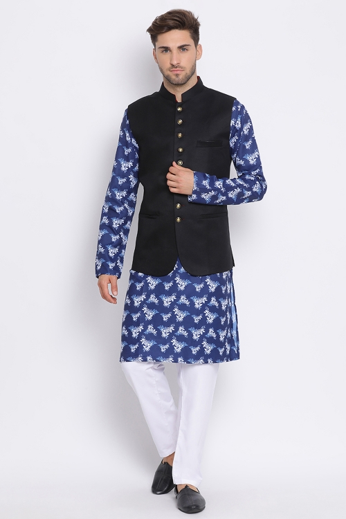 Blue Cotton Printed Kurta Pajama with Black Jacket