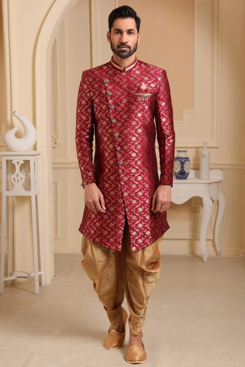 Maroon Brocade Jacquard Silk Woven Sherwani